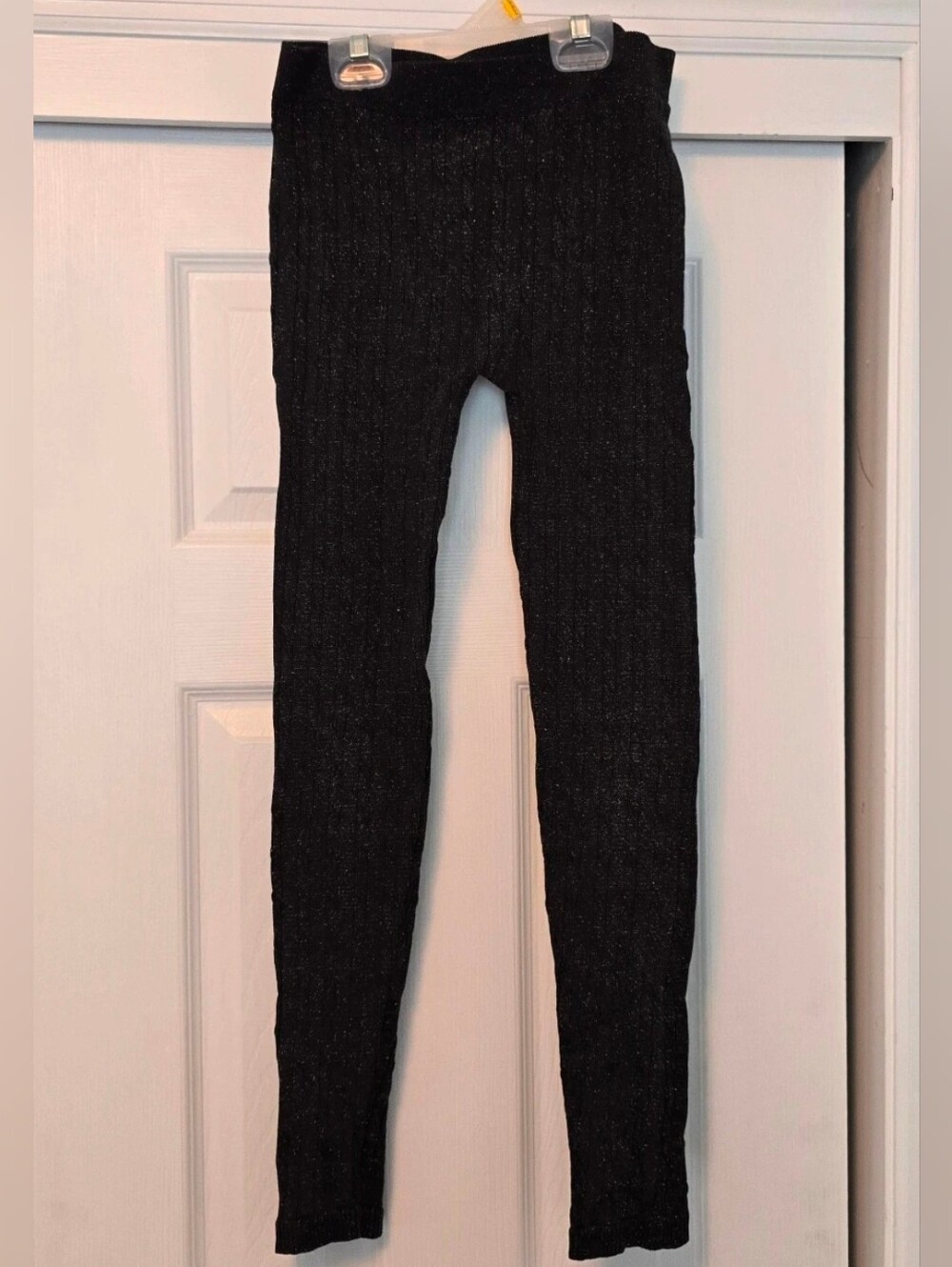 Ladies Black Ribbed Stretch Leggings W/ Gold Sparkle